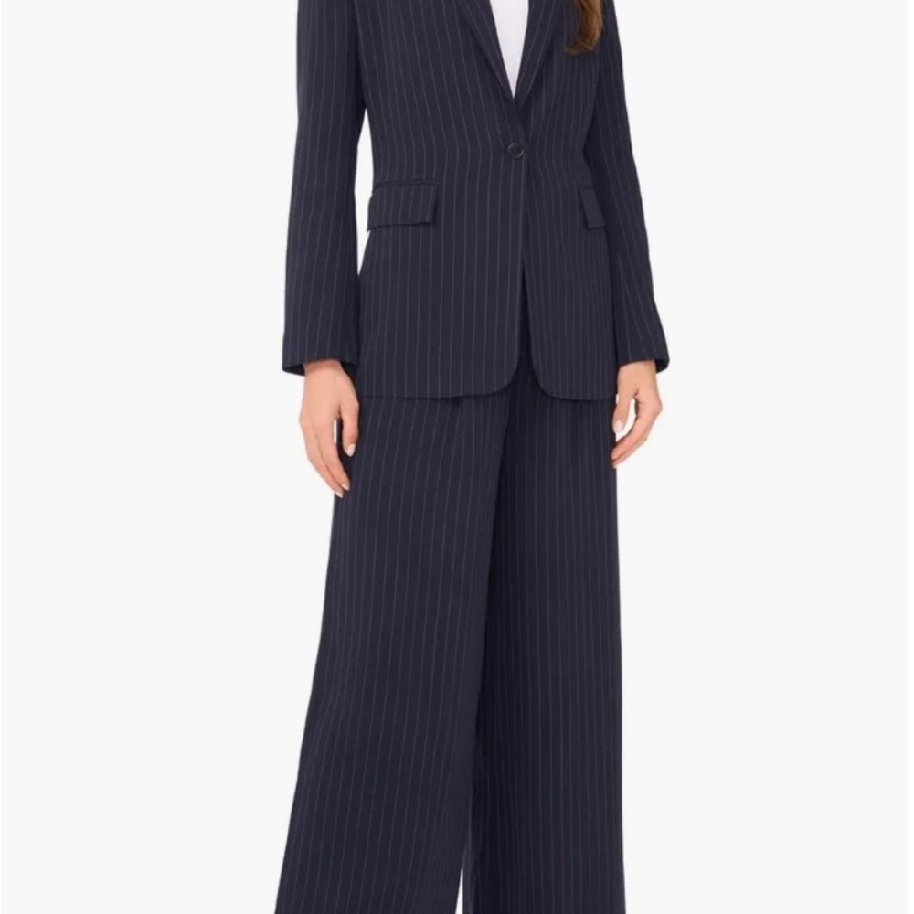 Tahari Navy Pinstripe Wide Leg Pantsuit